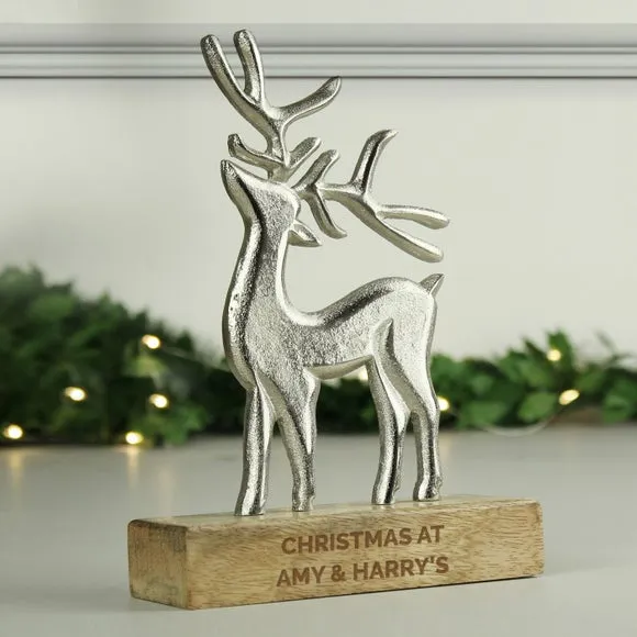Stag Ornament with Wooden Base - Grey, Metal