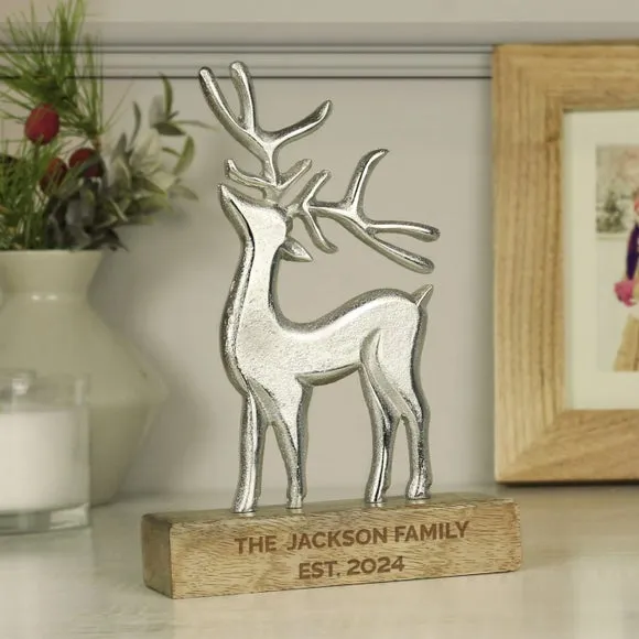 Stag Ornament with Wooden Base - Grey, Metal image