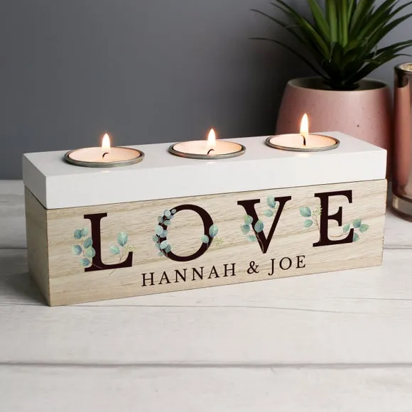 Triple Tealight Box Personalised - Natural, Wood image