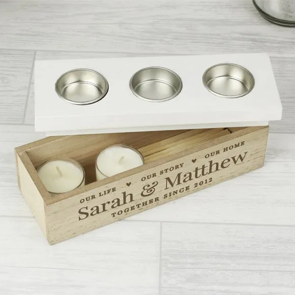 Triple Tealight Box Personalised - Natural, Wood image
