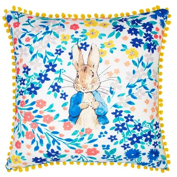 Floral Cushion with Pom-Pom Trim - Multicolor