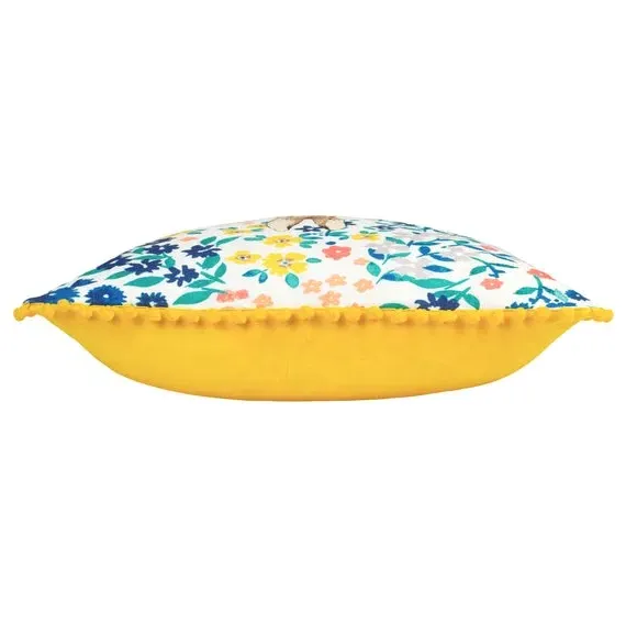 Floral Cushion with Pom-Pom Trim - Multicolor