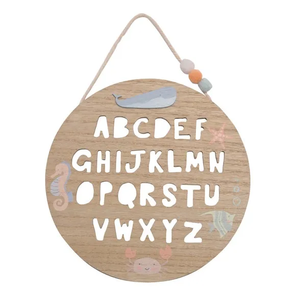 Circular Alphabet Plaque with Rope - Natural Wood