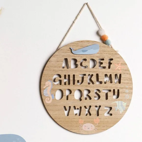 Circular Alphabet Plaque with Rope - Natural Wood image