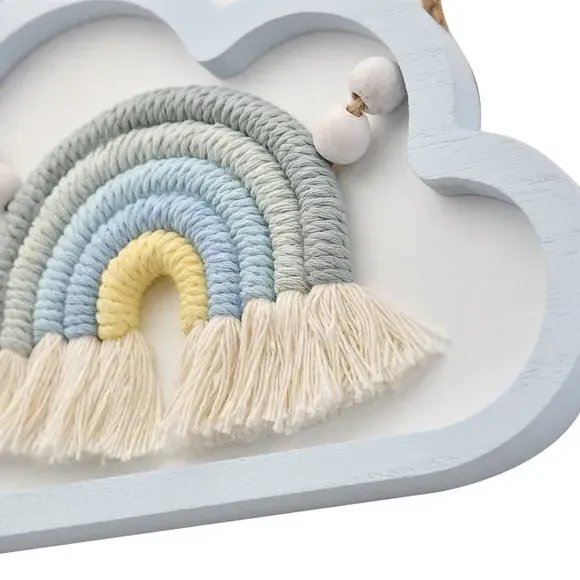 Cloud Wall Plaque with Macrame - Blue, Wood