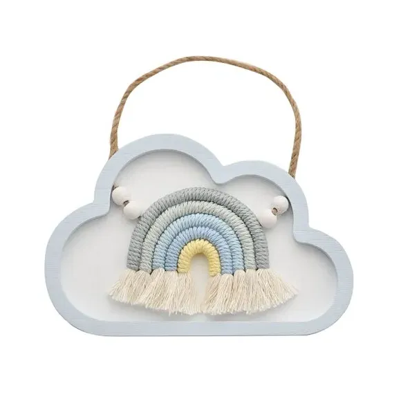 Cloud Wall Plaque with Macrame - Blue, Wood image