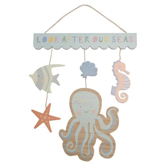 Hanging Plaque with Sea Creatures - Blue, Wood