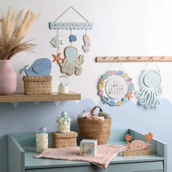 Hanging Plaque with Sea Creatures - Blue, Wood
