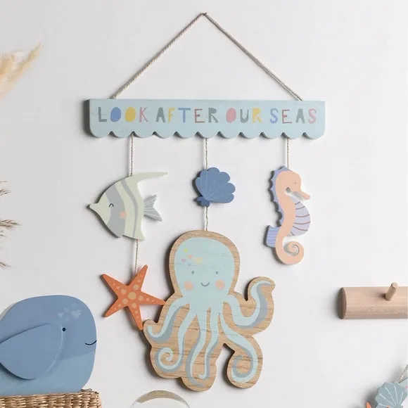 Hanging Plaque with Sea Creatures - Blue, Wood image