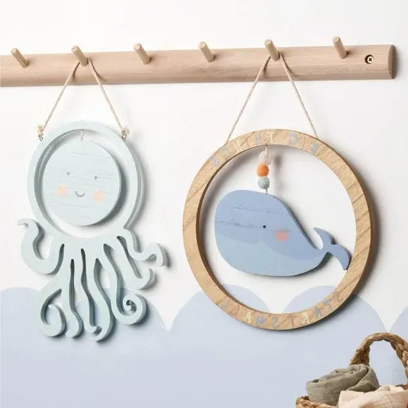 Whale Hanging Plaque with Pompoms - Blue, Wood