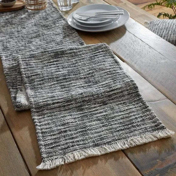 Textured Table Runner with Frayed Edge - Black