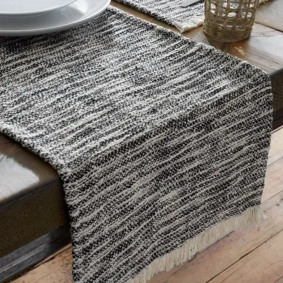 Textured Table Runner with Frayed Edge - Black