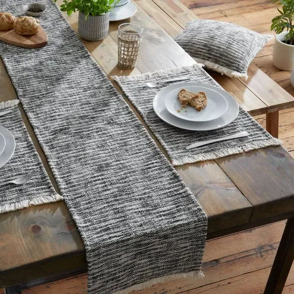 Textured Table Runner with Frayed Edge - Black image
