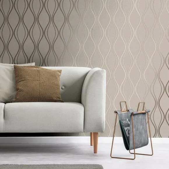Wave Wallpaper with Foil Finish - Gold, Vinyl