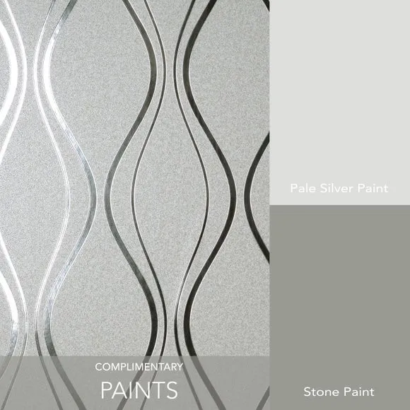 Wave Wallpaper with Foil Finish - Silver, Vinyl
