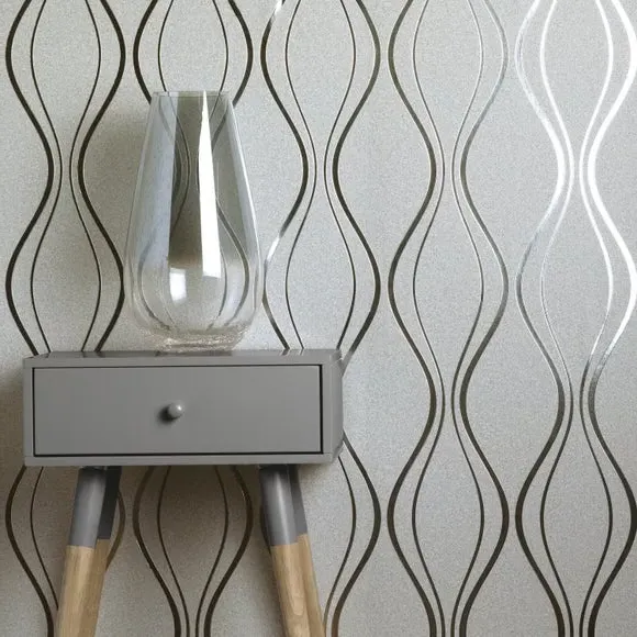 Wave Wallpaper with Foil Finish - Silver, Vinyl