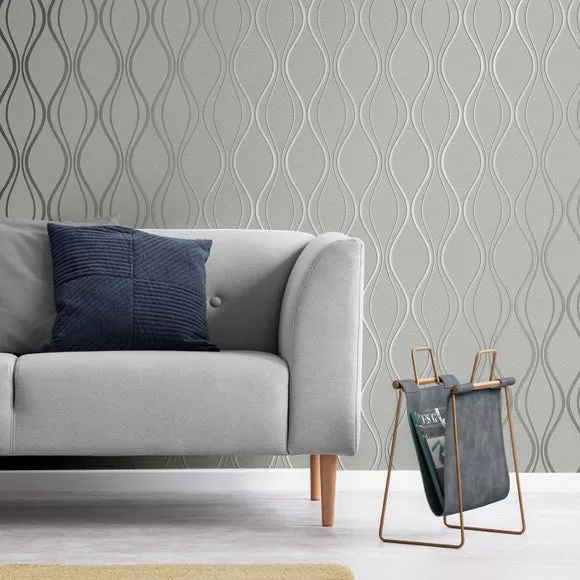 Wave Wallpaper with Foil Finish - Silver, Vinyl