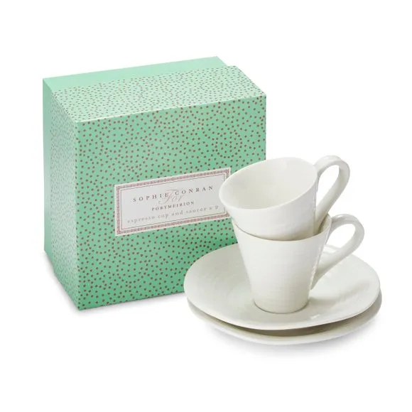 Set of 2 Espresso Cups & Saucers - White, Porcelain