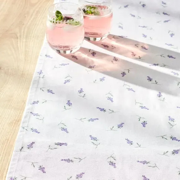 Table Runner with Floral Design - White, Cotton
