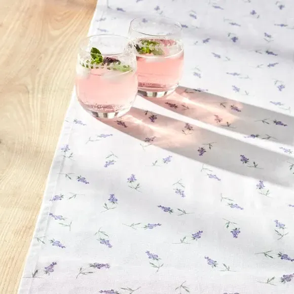 Table Runner with Floral Design - White, Cotton image
