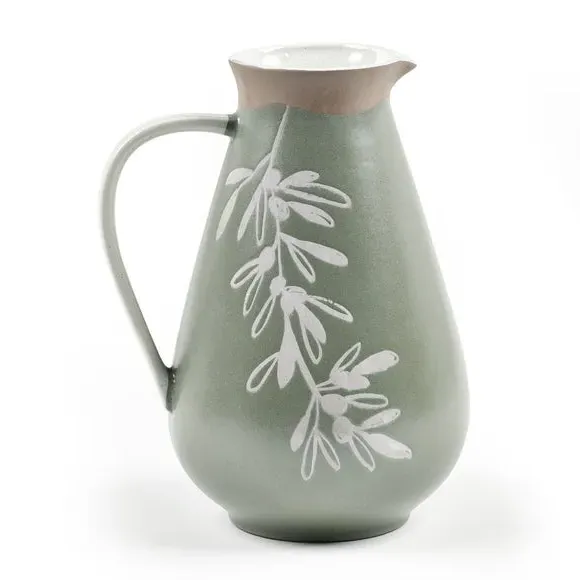 Ceramic Jug with Olive Design - Green, Stoneware