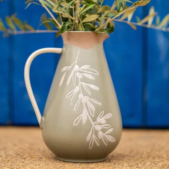 Ceramic Jug with Olive Design - Green, Stoneware