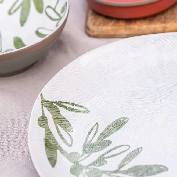 Set of 4 Dinner Plates Olive Design - Green, Stoneware