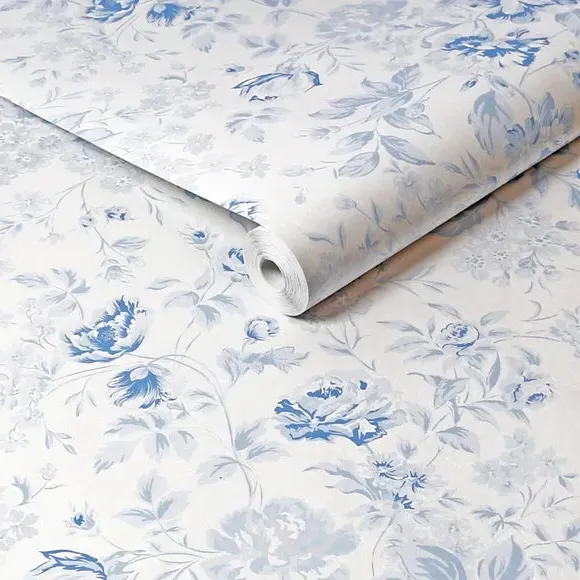 Romantic Rose Wallpaper Floral Design - Blue