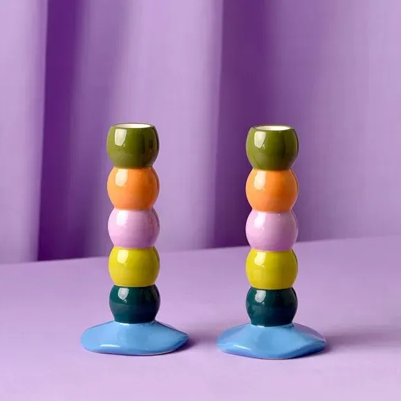 Set of 2 Bobbin Candle Holders - Multicolor, Ceramic