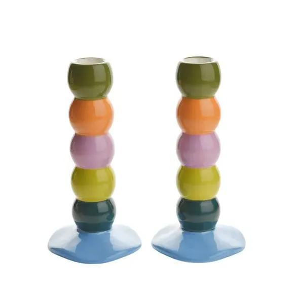 Set of 2 Bobbin Candle Holders - Multicolor, Ceramic