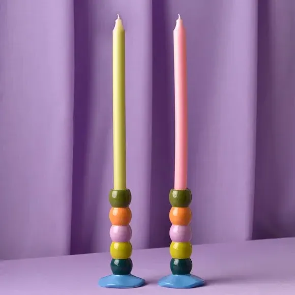 Set of 2 Bobbin Candle Holders - Multicolor, Ceramic image