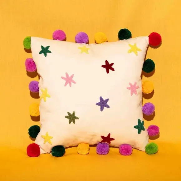Tufted Star Cushion with Pom Poms - Cotton image