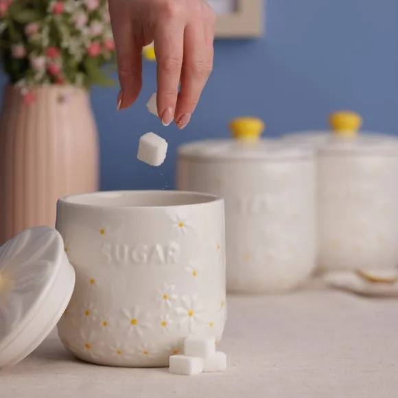 3-Piece Canister Set with Daisy Design - White