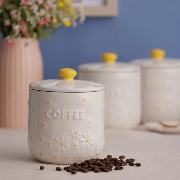 3-Piece Canister Set with Daisy Design - White