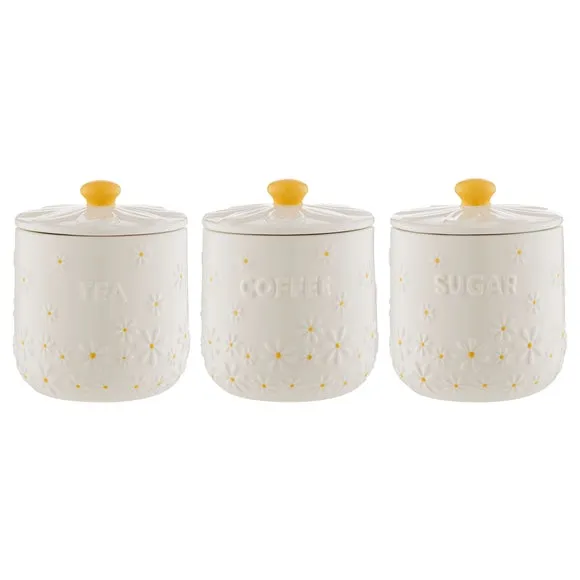 3-Piece Canister Set with Daisy Design - White image