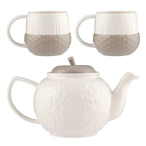 3-Piece Tea Set with Embossed Design - Cream