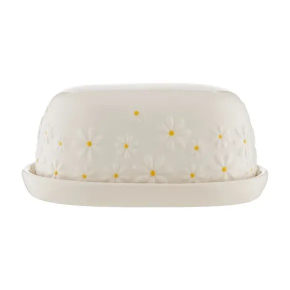 Butter Dish with Daisy Design - White, Ceramic
