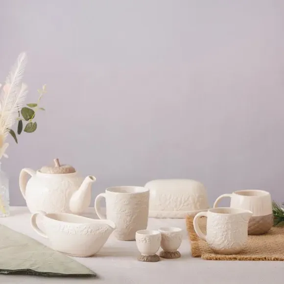 Gravy Boat with Embossed Design - Cream, Stoneware