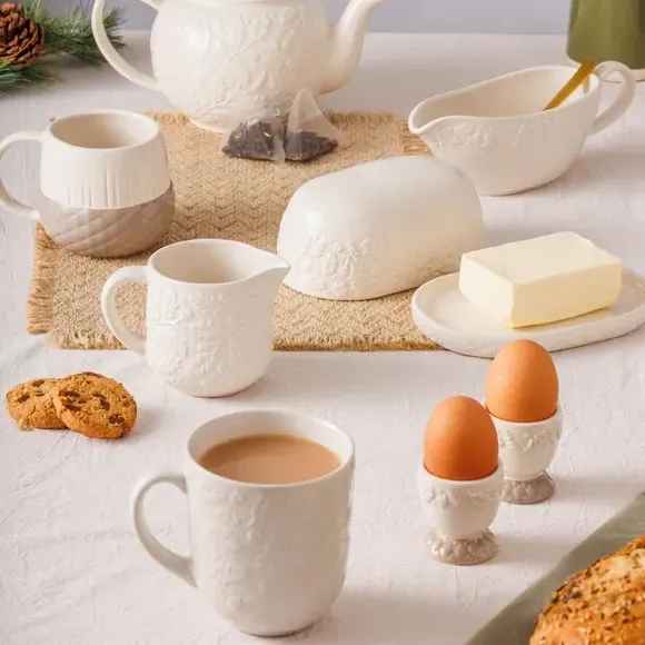 Gravy Boat with Embossed Design - Cream, Stoneware