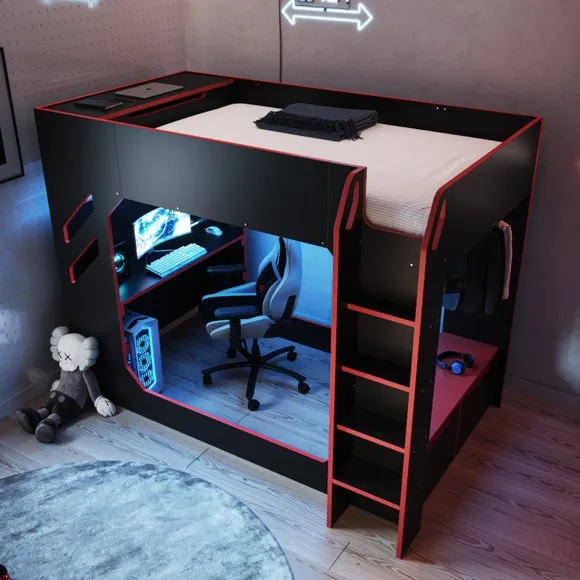 High Sleeper Bed with Desk & Storage - Black