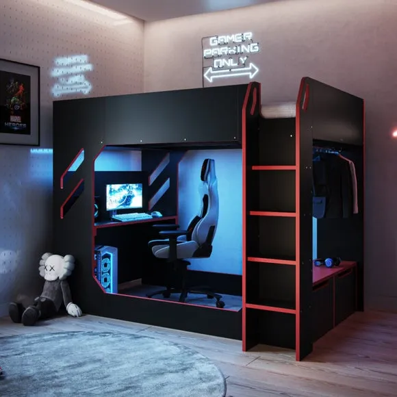 High Sleeper Bed with Desk & Storage - Black