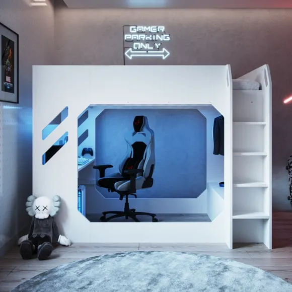 High Sleeper Bed with Desk & Storage - White