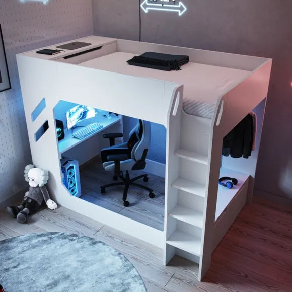 High Sleeper Bed with Desk & Storage - White