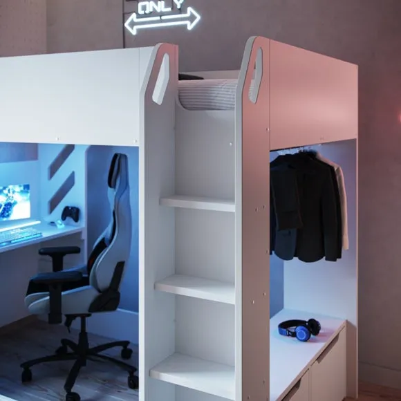 High Sleeper Bed with Desk & Storage - White