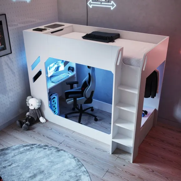 High Sleeper Bed with Desk & Storage - White