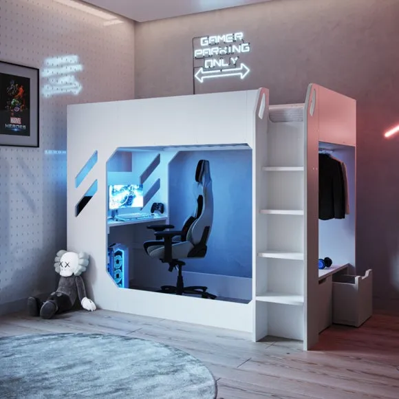 High Sleeper Bed with Desk & Storage - White