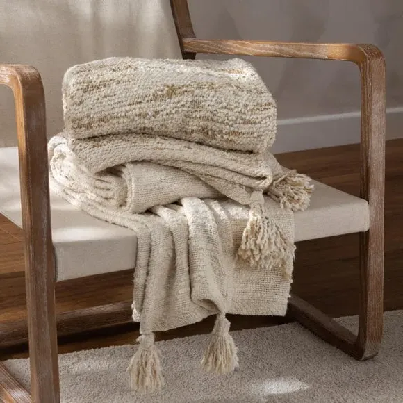 Cotton Throw Blanket with Tassels - Cream