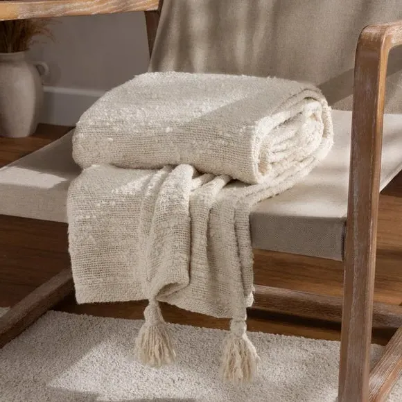 Cotton Throw Blanket with Tassels - Cream
