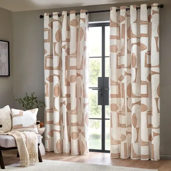 Eyelet Curtains with Abstract Design - Clay
