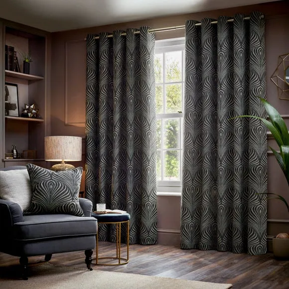 Eyelet Curtains with Art Nouveau Pattern - Black